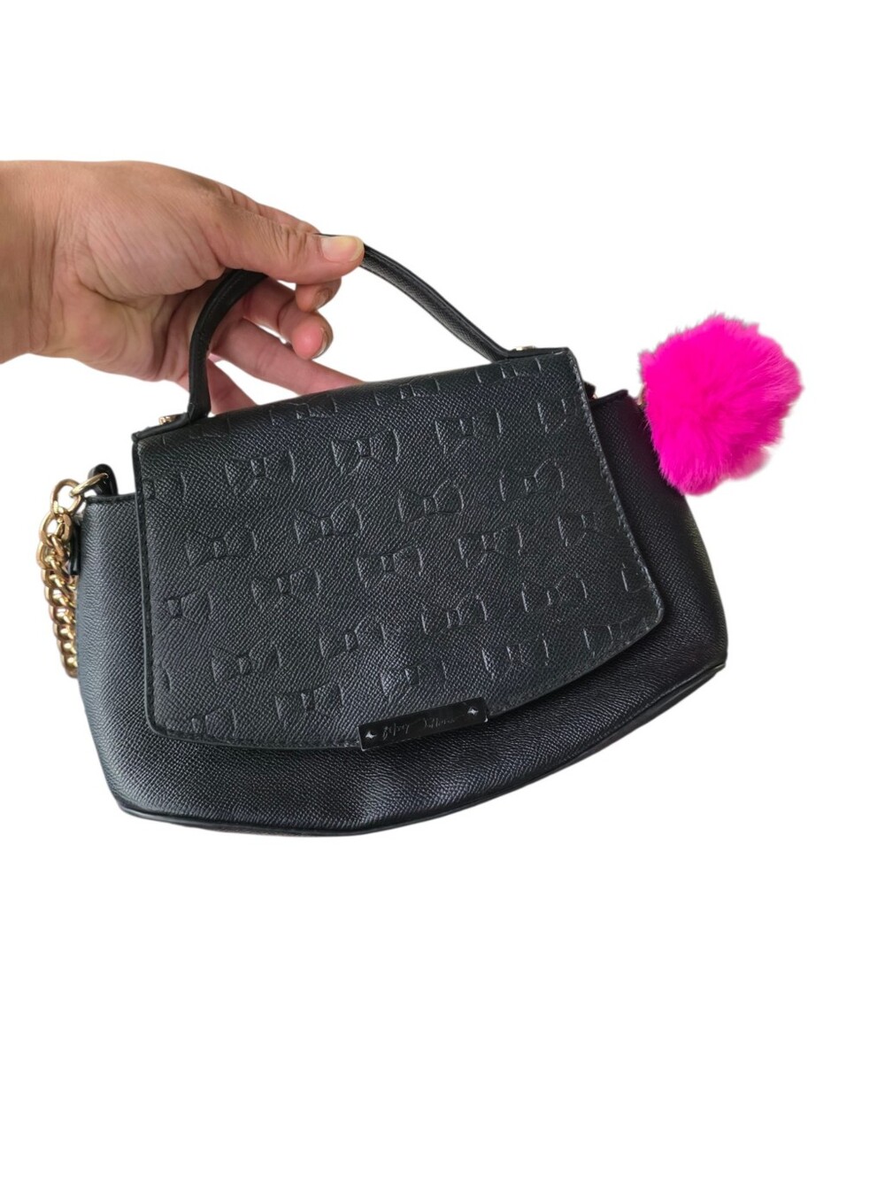 Betsy Johnson Black Top-Handle/crossbody Women's Bag with Pink Pom Pom